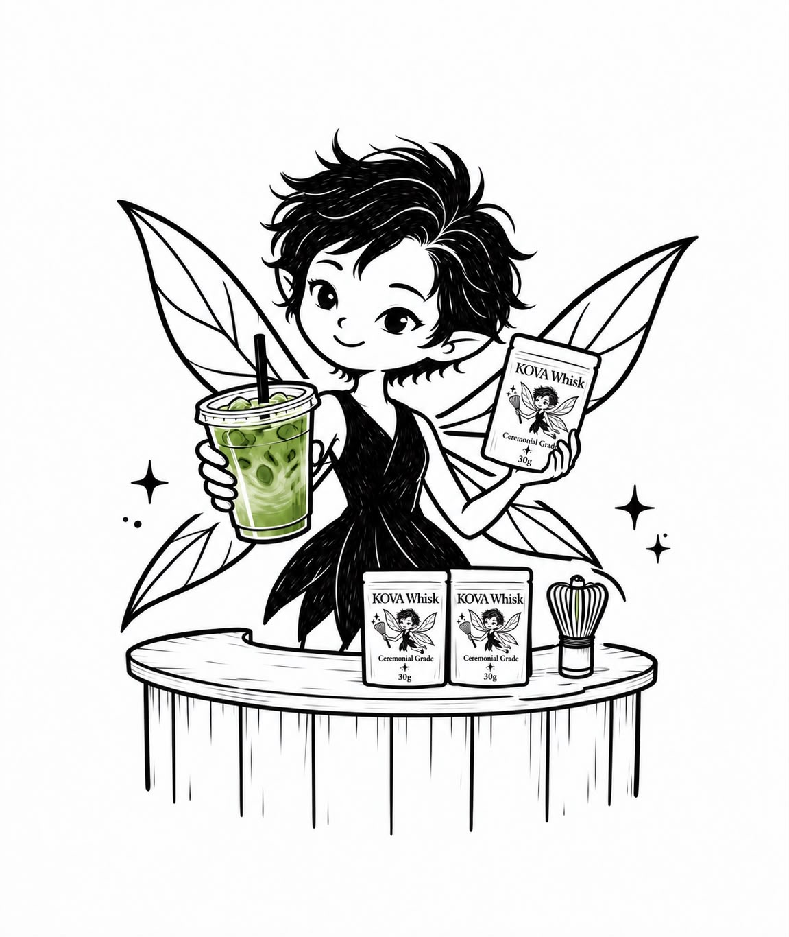 The KOVA fairy welcoming you with an iced matcha latte and our ceremonial matcha pouches