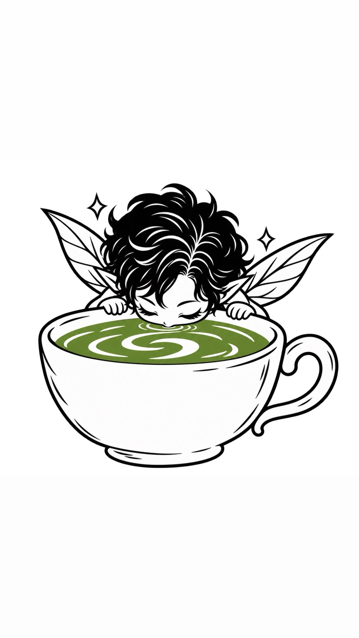 The KOVA fairy leaning over a cup for a sip of green matcha